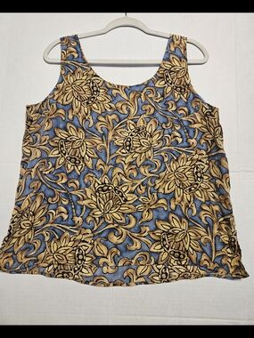 Vintage Express 100% Silk Blue, Gold, And Black Floral Sleeveless Blouse